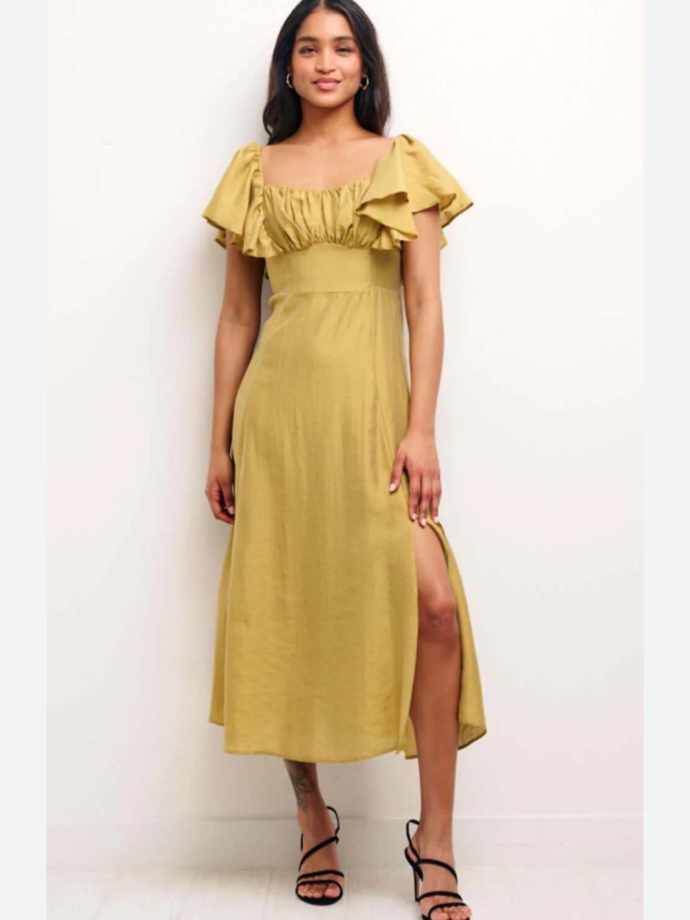 Nobody's Child Olive Green Women’s Dove Midi Dress with Ruffle Sleeve